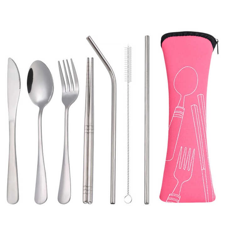 Stainless Steel Reusable Cutlery Office Utensil Metal Straw Portable Travel Cutlery Set with Case